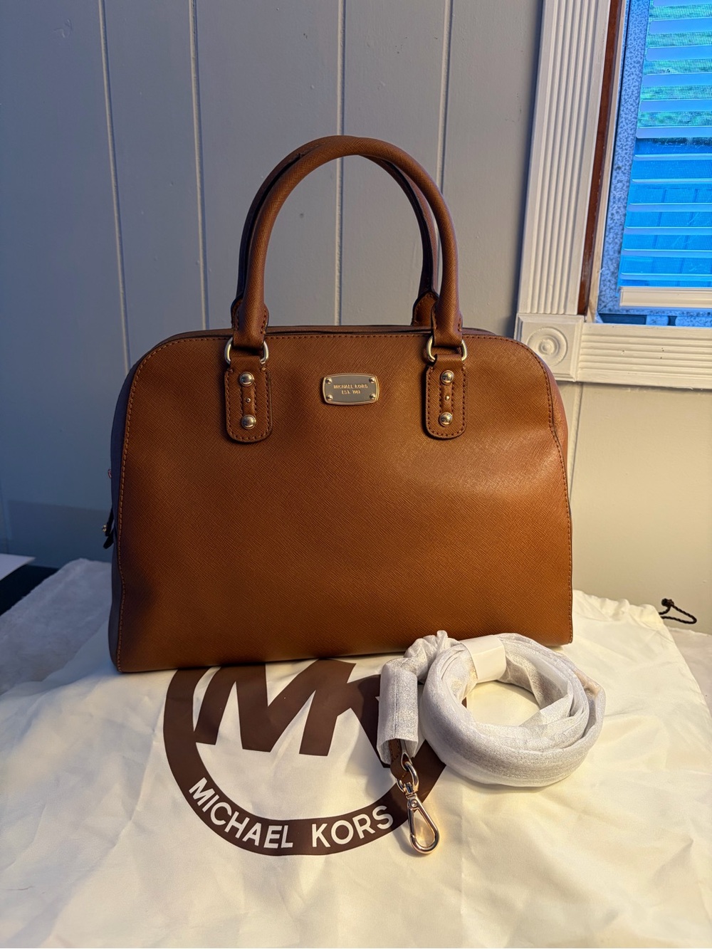 Michael Kors Cognac Saffiano Leather Dome Satchel with Gold Hardware - Picture 13 of 16